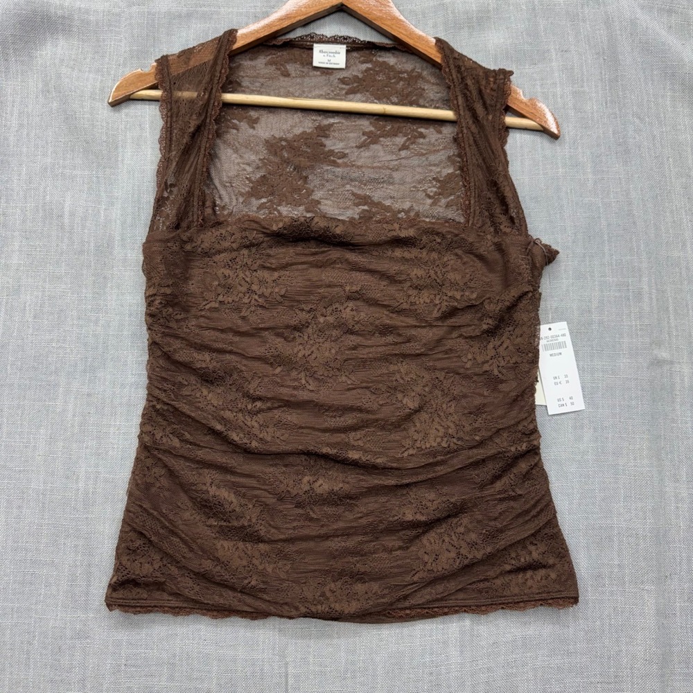 Abercrombie & Fitch Lace Ruched Square Neck Tank Womens Medium Brown New w Flaws